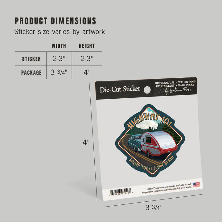 Oregon, Highway 101, Pacific Coast Scenic Byway, Retro Camper, Contour, Lantern Press Artwork, Vinyl Sticker Sticker Lantern Press