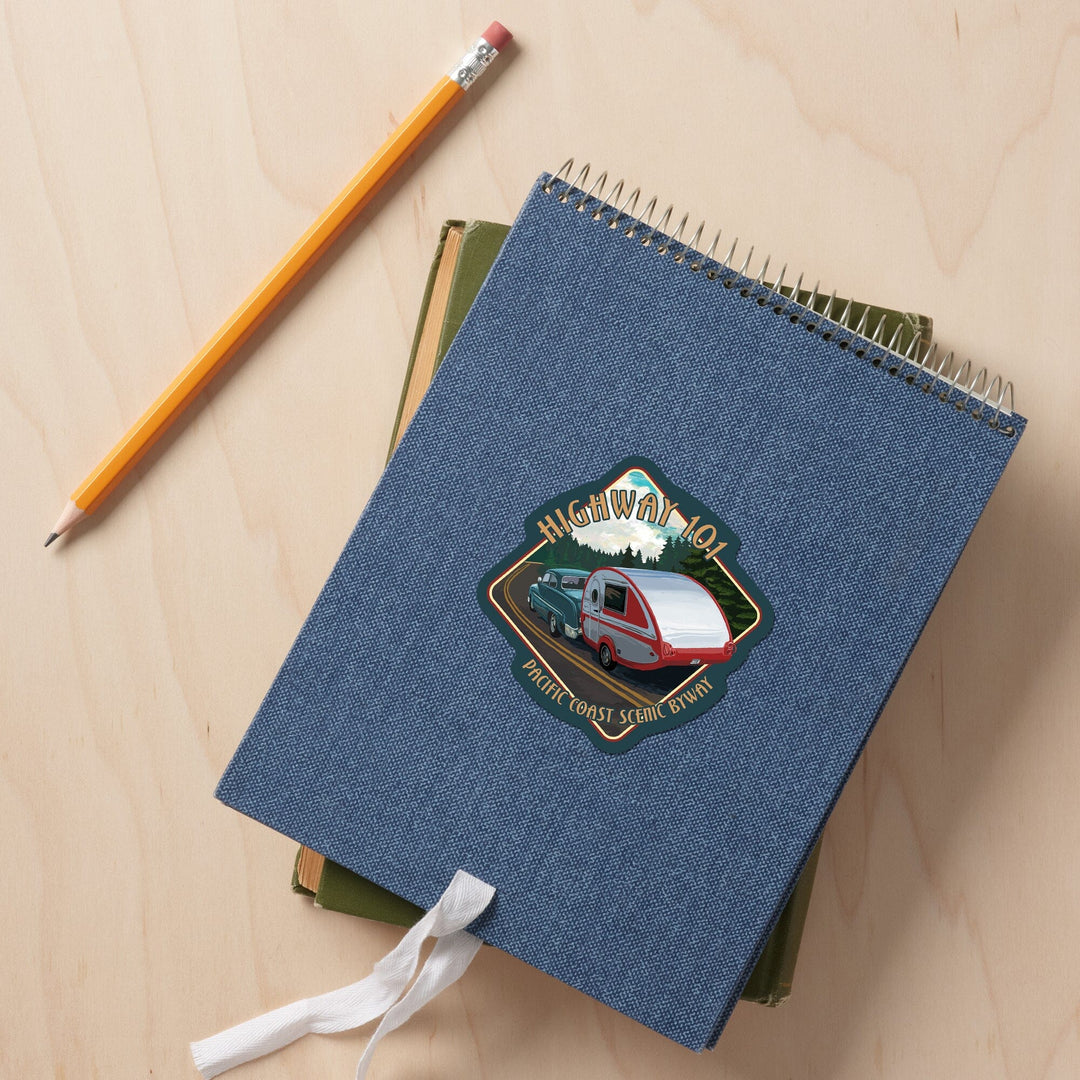 Oregon, Highway 101, Pacific Coast Scenic Byway, Retro Camper, Contour, Lantern Press Artwork, Vinyl Sticker Sticker Lantern Press