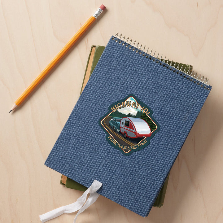 Oregon, Highway 101, Pacific Coast Scenic Byway, Retro Camper, Contour, Lantern Press Artwork, Vinyl Sticker Sticker Lantern Press