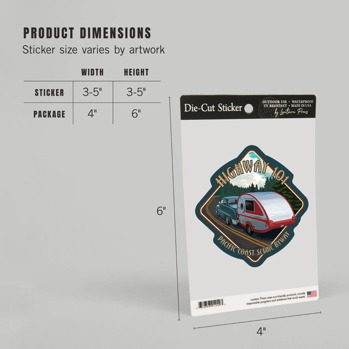 Oregon, Highway 101, Pacific Coast Scenic Byway, Retro Camper, Contour, Lantern Press Artwork, Vinyl Sticker Sticker Lantern Press