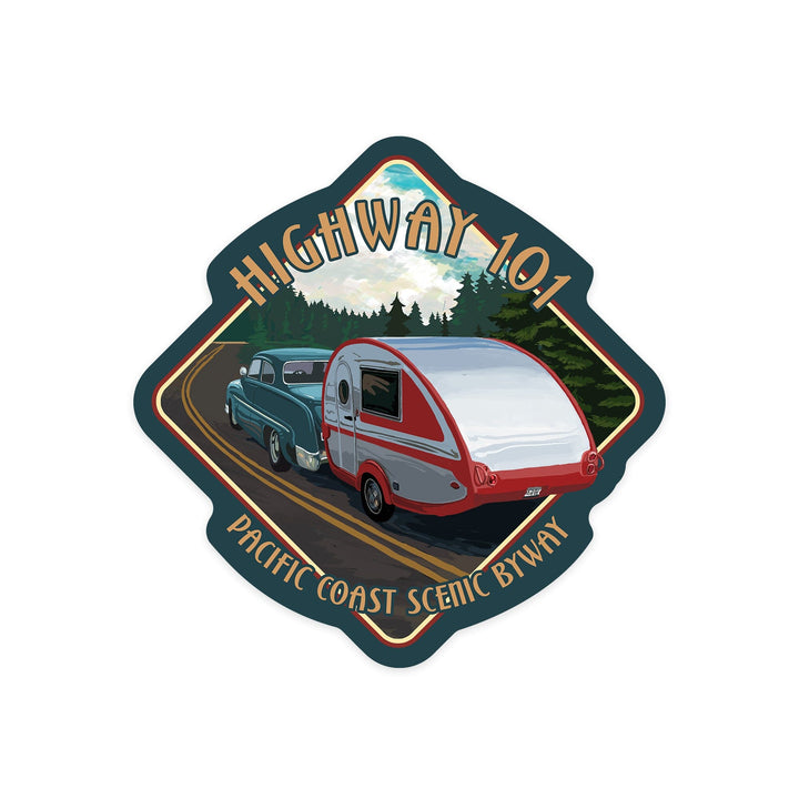 Oregon, Highway 101, Pacific Coast Scenic Byway, Retro Camper, Contour, Lantern Press Artwork, Vinyl Sticker Sticker Lantern Press