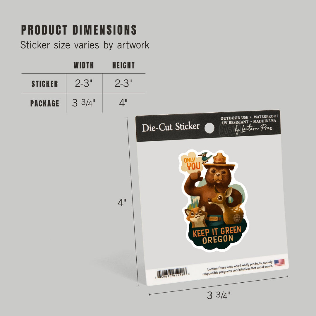 Oregon, Keep It Green, Smokey Bear and Friends, Only You, Contour, Vinyl Sticker Sticker Lantern Press