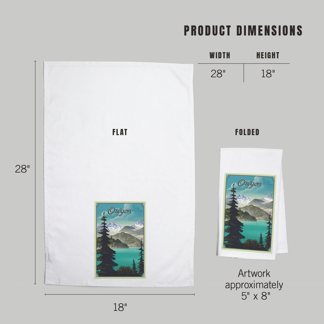 Oregon Lake and Mountains, Lithograph, Organic Cotton Kitchen Tea Towels Kitchen Lantern Press