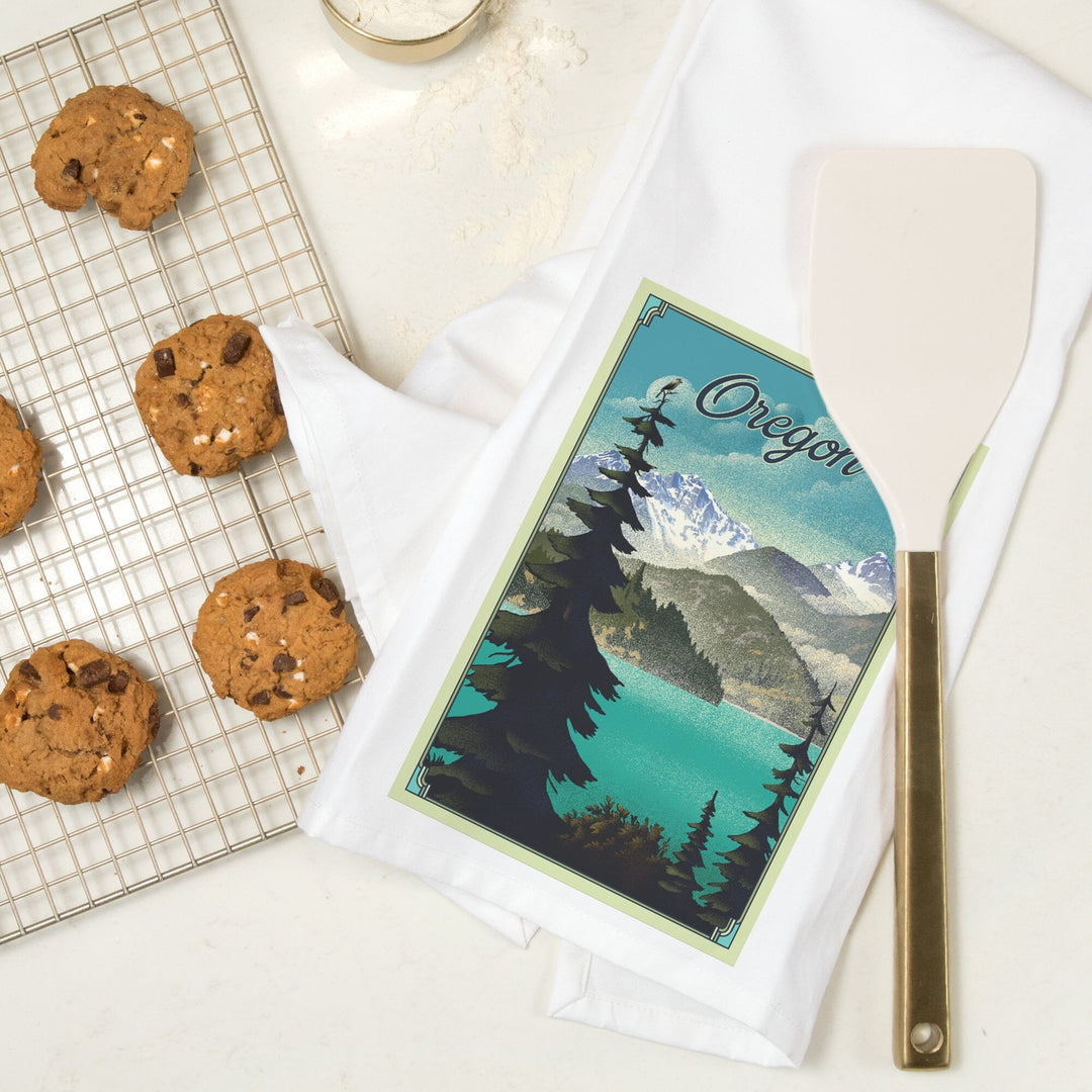 Oregon Lake and Mountains, Lithograph, Organic Cotton Kitchen Tea Towels Kitchen Lantern Press