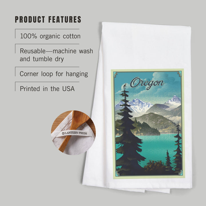 Oregon Lake and Mountains, Lithograph, Organic Cotton Kitchen Tea Towels Kitchen Lantern Press