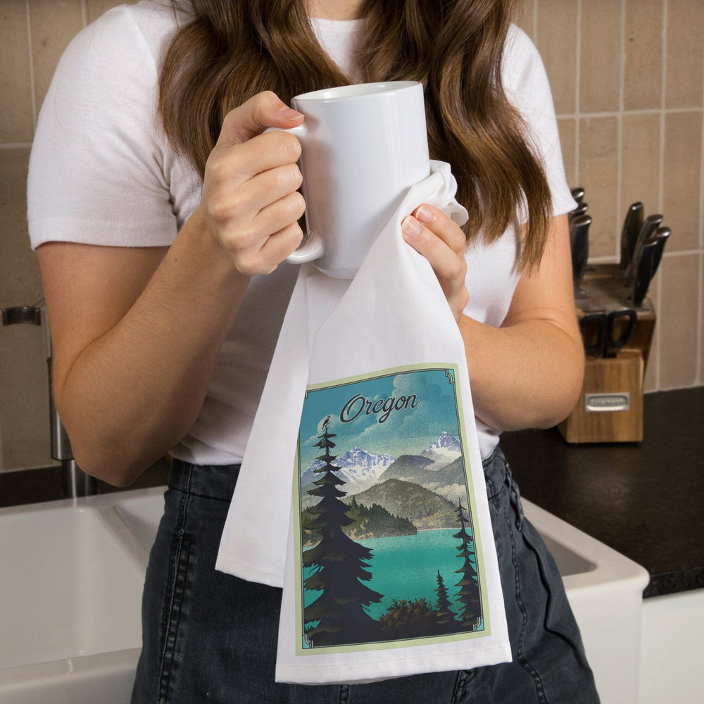 Oregon Lake and Mountains, Lithograph, Organic Cotton Kitchen Tea Towels Kitchen Lantern Press