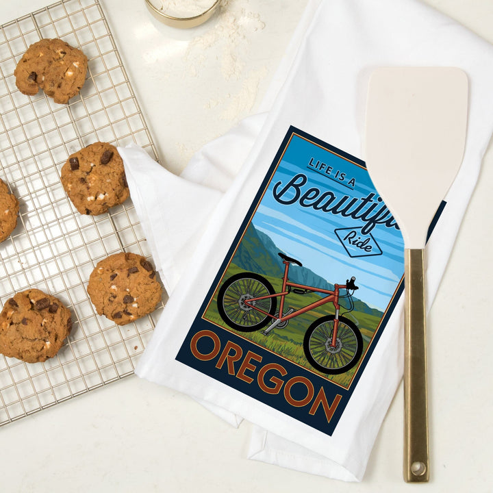 Oregon, Life is a Beautiful Ride, Mountain Bike Scene, Organic Cotton Kitchen Tea Towels Kitchen Lantern Press