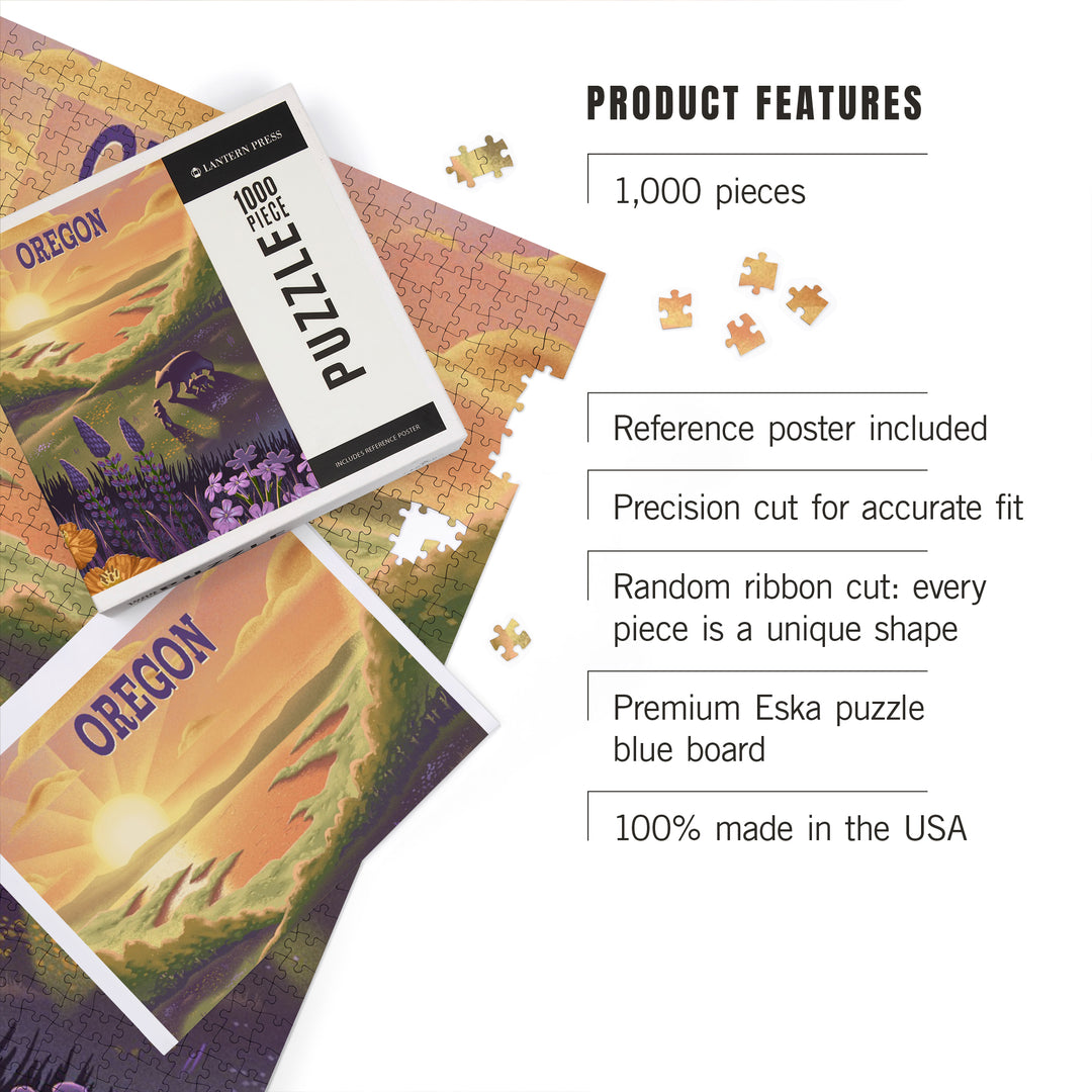 Oregon, Lithograph, Bear and Spring Flowers, Lake, Jigsaw Puzzle Puzzle Lantern Press