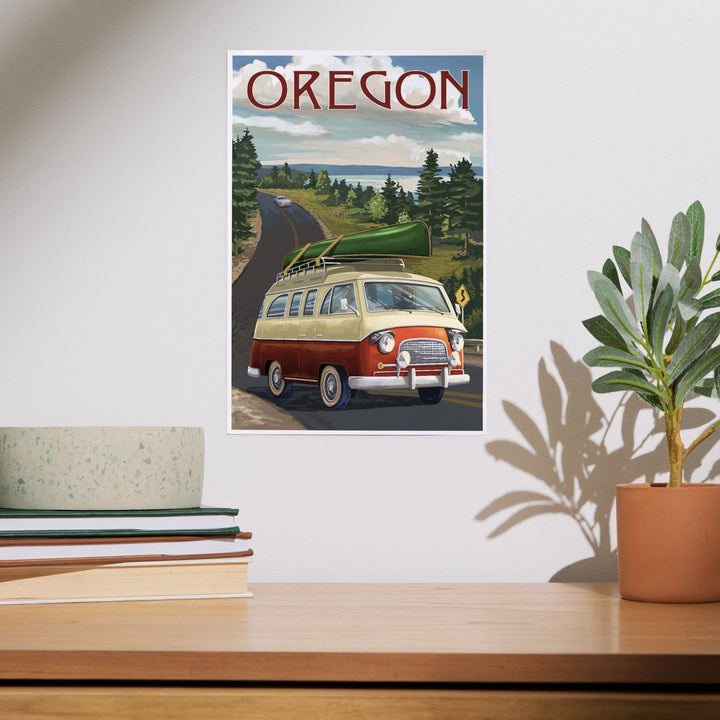 Oregon, LP Camper Van and Lake, Art & Giclee Prints Art Lantern Press