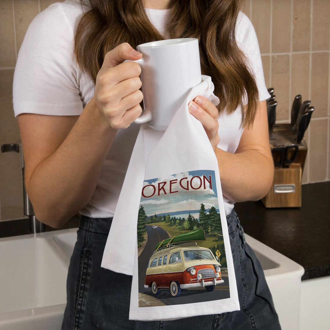 Oregon, LP Camper Van and Lake, Organic Cotton Kitchen Tea Towels Kitchen Lantern Press