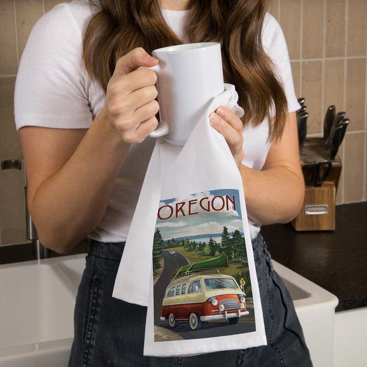 Oregon, LP Camper Van and Lake, Organic Cotton Kitchen Tea Towels Kitchen Lantern Press