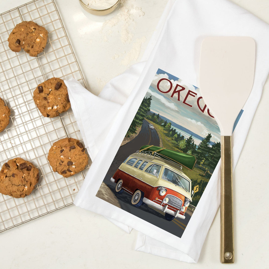 Oregon, LP Camper Van and Lake, Organic Cotton Kitchen Tea Towels Kitchen Lantern Press
