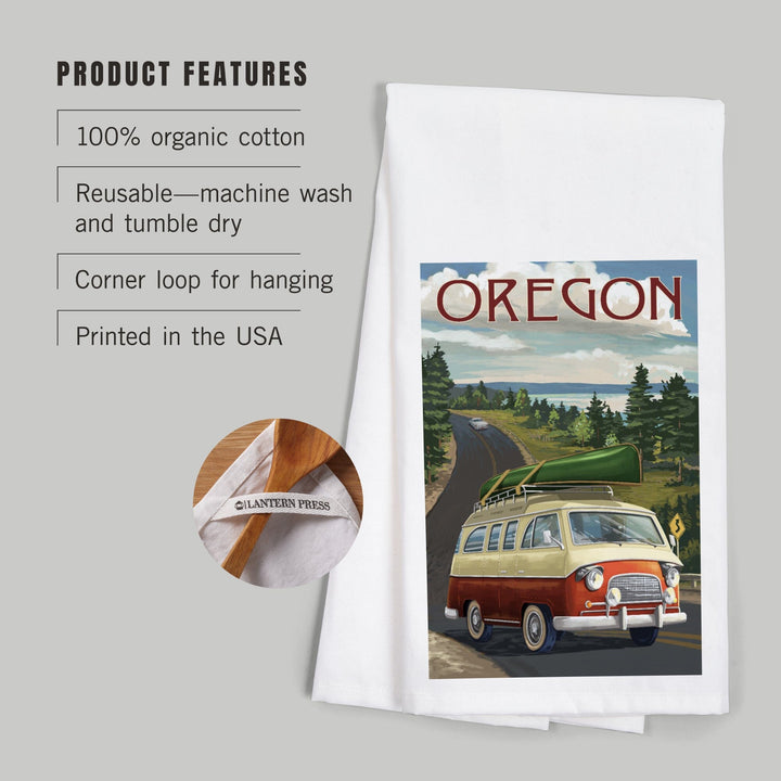 Oregon, LP Camper Van and Lake, Organic Cotton Kitchen Tea Towels Kitchen Lantern Press