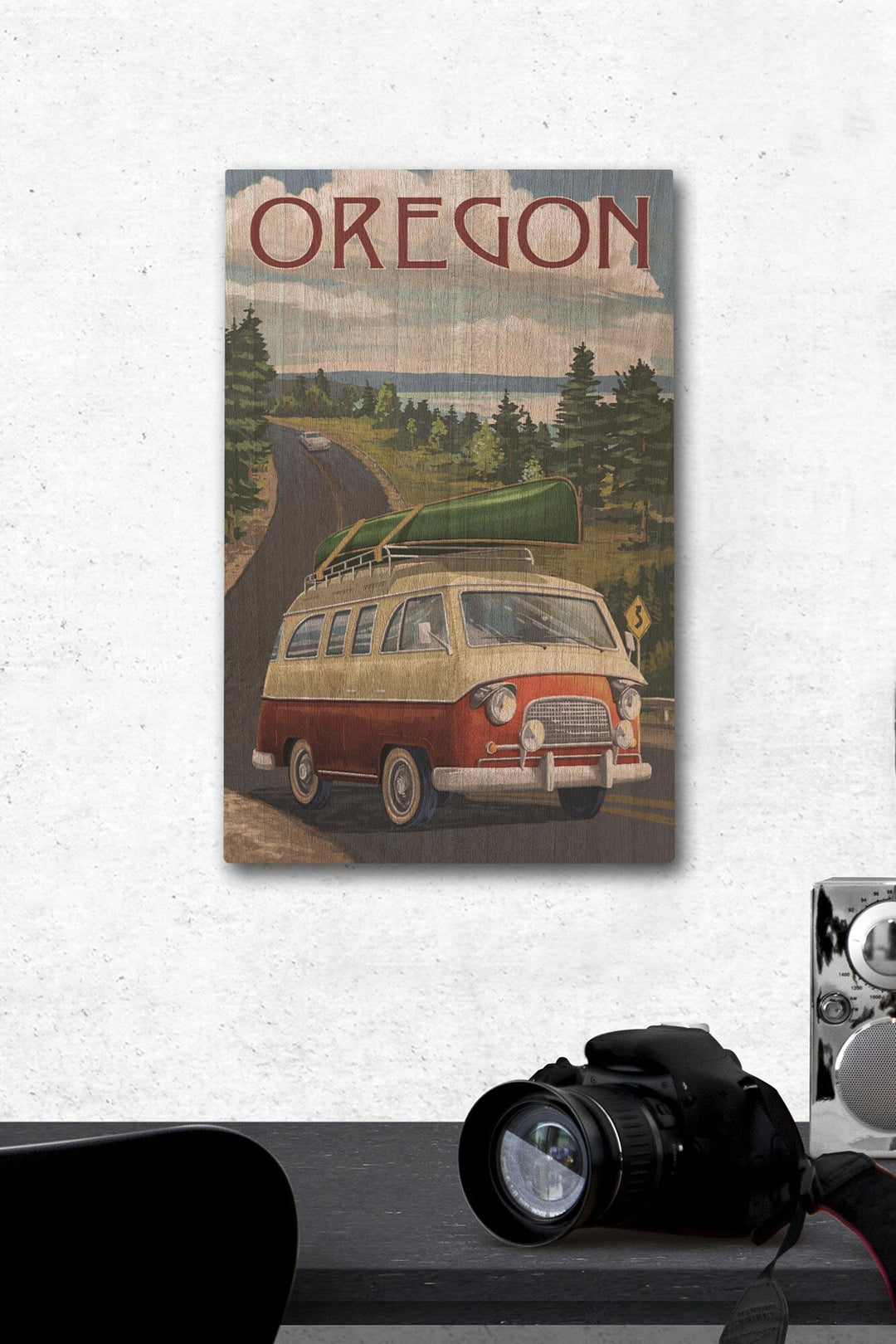 Oregon, LP Camper Van & Lake, Lantern Press Artwork, Wood Signs and Postcards Wood Lantern Press 12 x 18 Wood Gallery Print