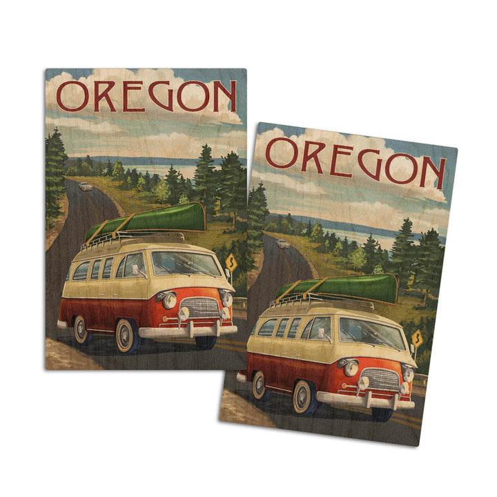 Oregon, LP Camper Van & Lake, Lantern Press Artwork, Wood Signs and Postcards Wood Lantern Press 4x6 Wood Postcard Set