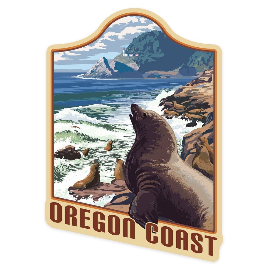 Oregon, Oregon Coast, Sea Lions & Lighthouse, Contour, Lantern Press Artwork, Vinyl Sticker Sticker Lantern Press