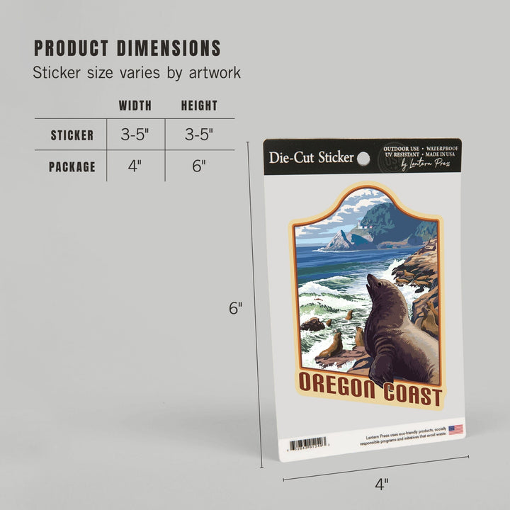 Oregon, Oregon Coast, Sea Lions & Lighthouse, Contour, Lantern Press Artwork, Vinyl Sticker Sticker Lantern Press