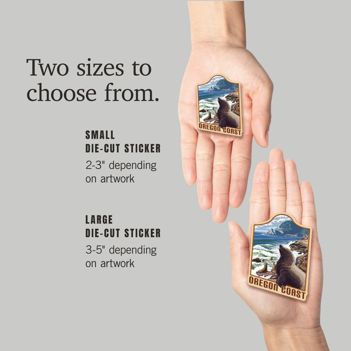 Oregon, Oregon Coast, Sea Lions & Lighthouse, Contour, Lantern Press Artwork, Vinyl Sticker Sticker Lantern Press
