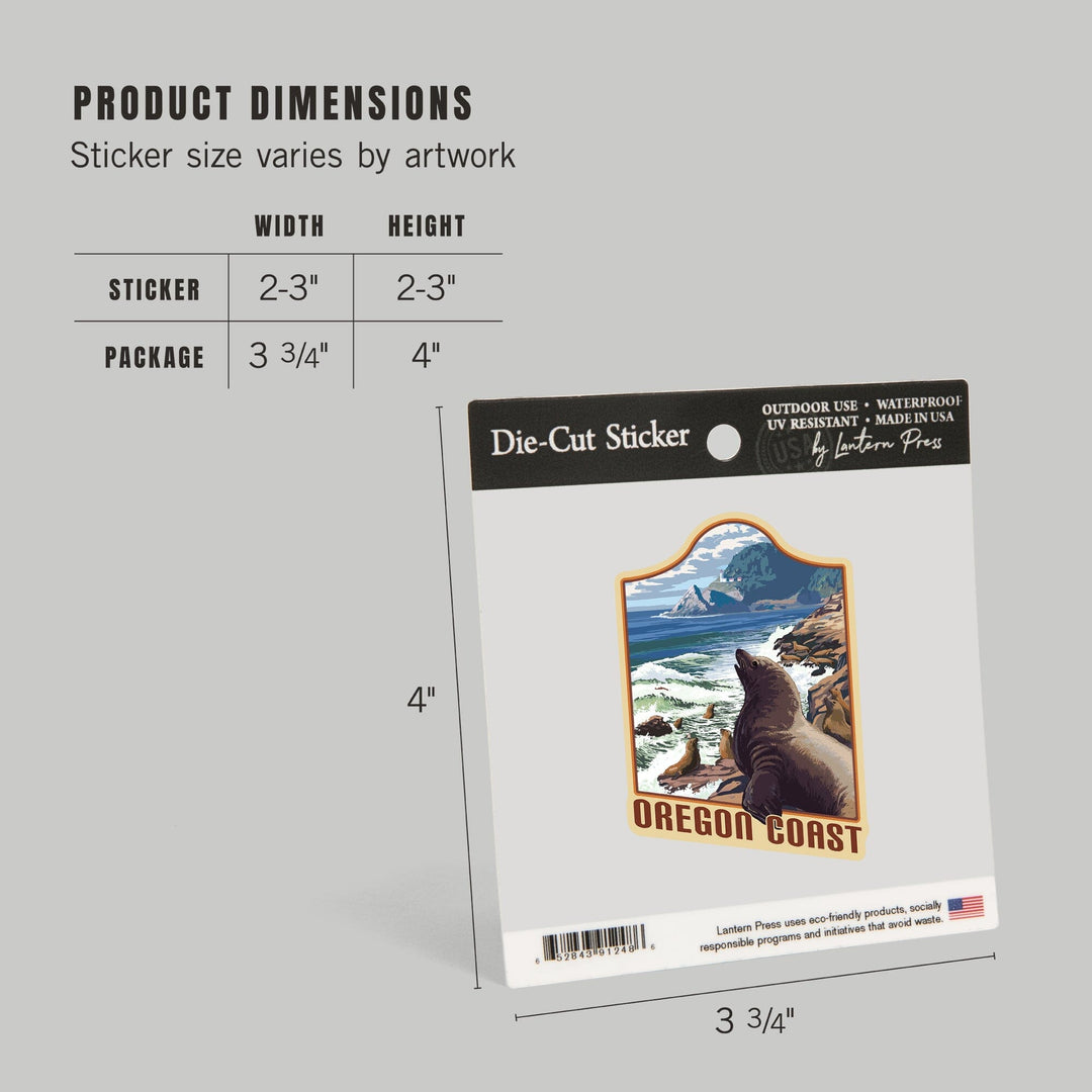 Oregon, Oregon Coast, Sea Lions & Lighthouse, Contour, Lantern Press Artwork, Vinyl Sticker Sticker Lantern Press