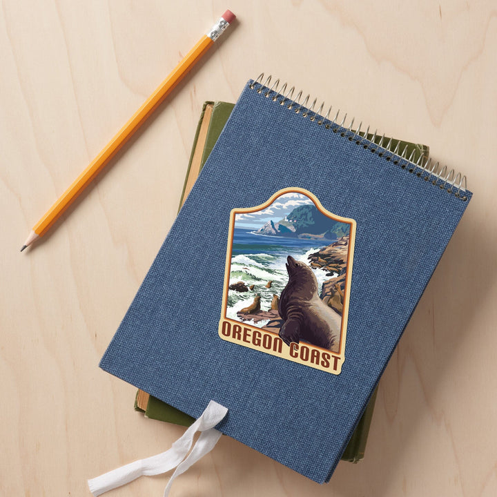 Oregon, Oregon Coast, Sea Lions & Lighthouse, Contour, Lantern Press Artwork, Vinyl Sticker Sticker Lantern Press