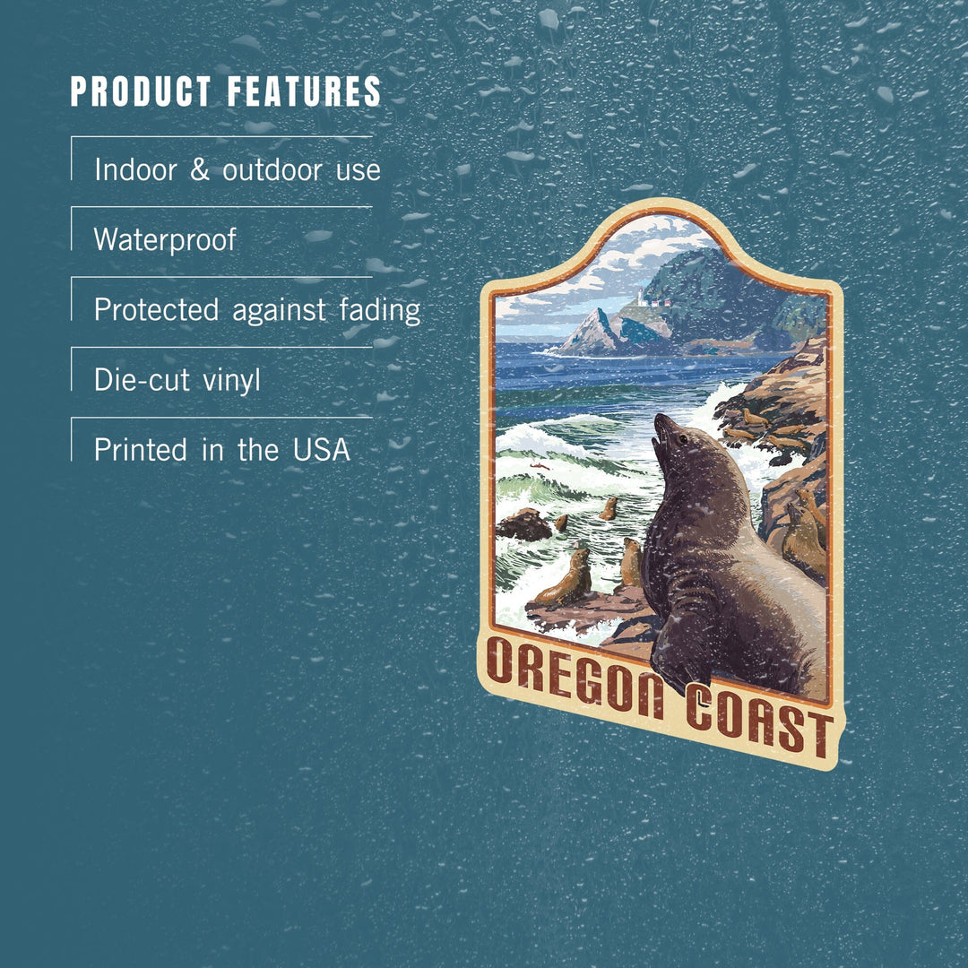 Oregon, Oregon Coast, Sea Lions & Lighthouse, Contour, Lantern Press Artwork, Vinyl Sticker Sticker Lantern Press