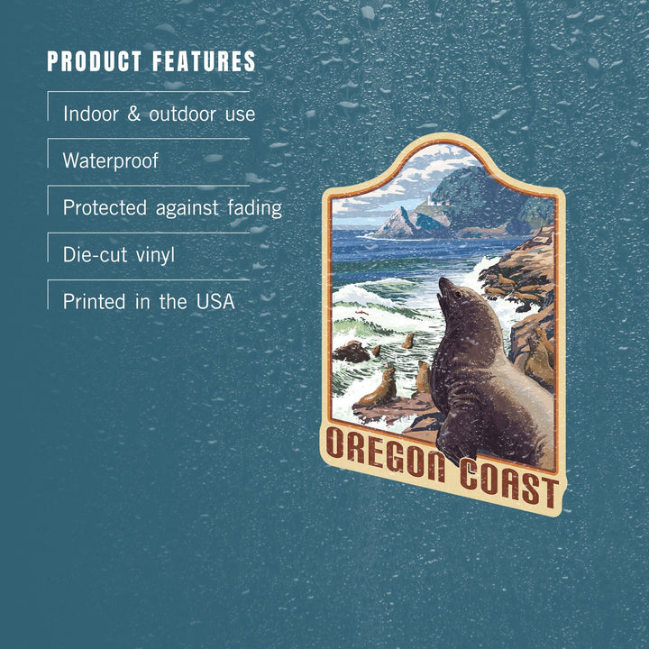 Oregon, Oregon Coast, Sea Lions & Lighthouse, Contour, Lantern Press Artwork, Vinyl Sticker Sticker Lantern Press