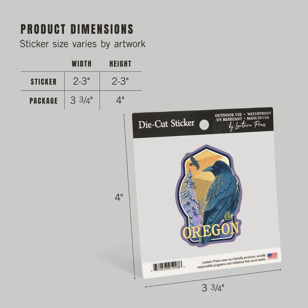 Oregon, Ravens & Sunset, Contour, Lantern Press Artwork, Vinyl Sticker Sticker Lantern Press