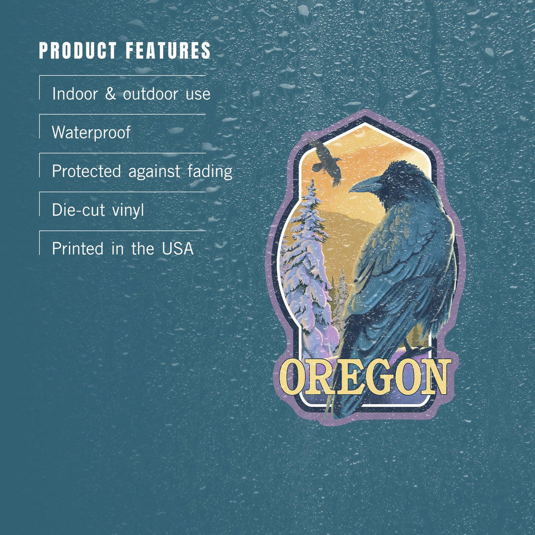 Oregon, Ravens & Sunset, Contour, Lantern Press Artwork, Vinyl Sticker Sticker Lantern Press