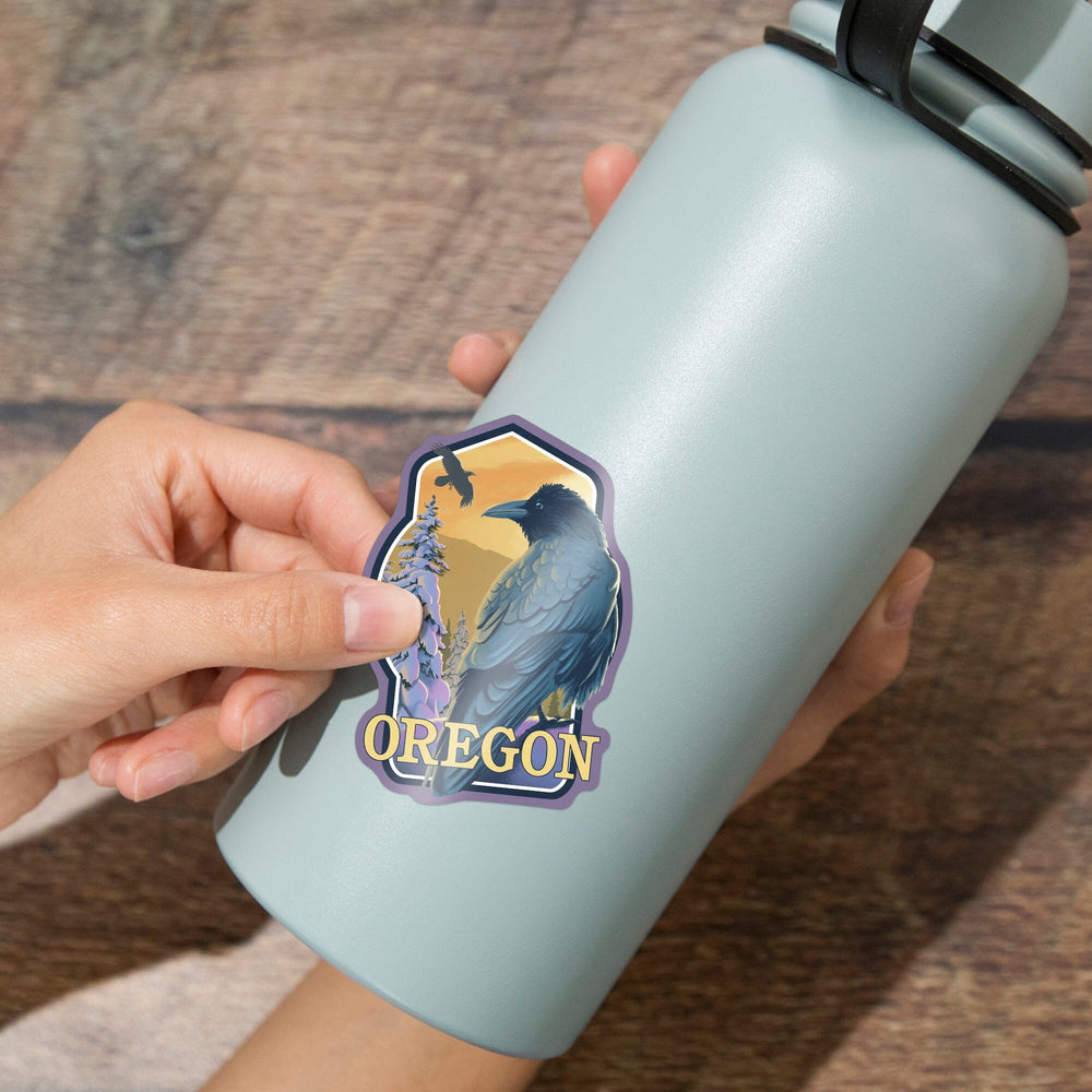 Oregon, Ravens & Sunset, Contour, Lantern Press Artwork, Vinyl Sticker Sticker Lantern Press