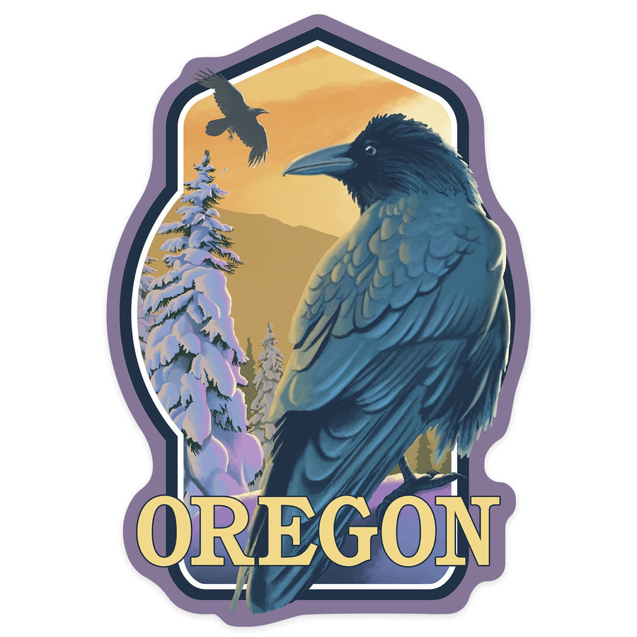 Oregon, Ravens & Sunset, Contour, Lantern Press Artwork, Vinyl Sticker Sticker Lantern Press
