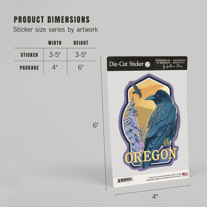 Oregon, Ravens & Sunset, Contour, Lantern Press Artwork, Vinyl Sticker Sticker Lantern Press