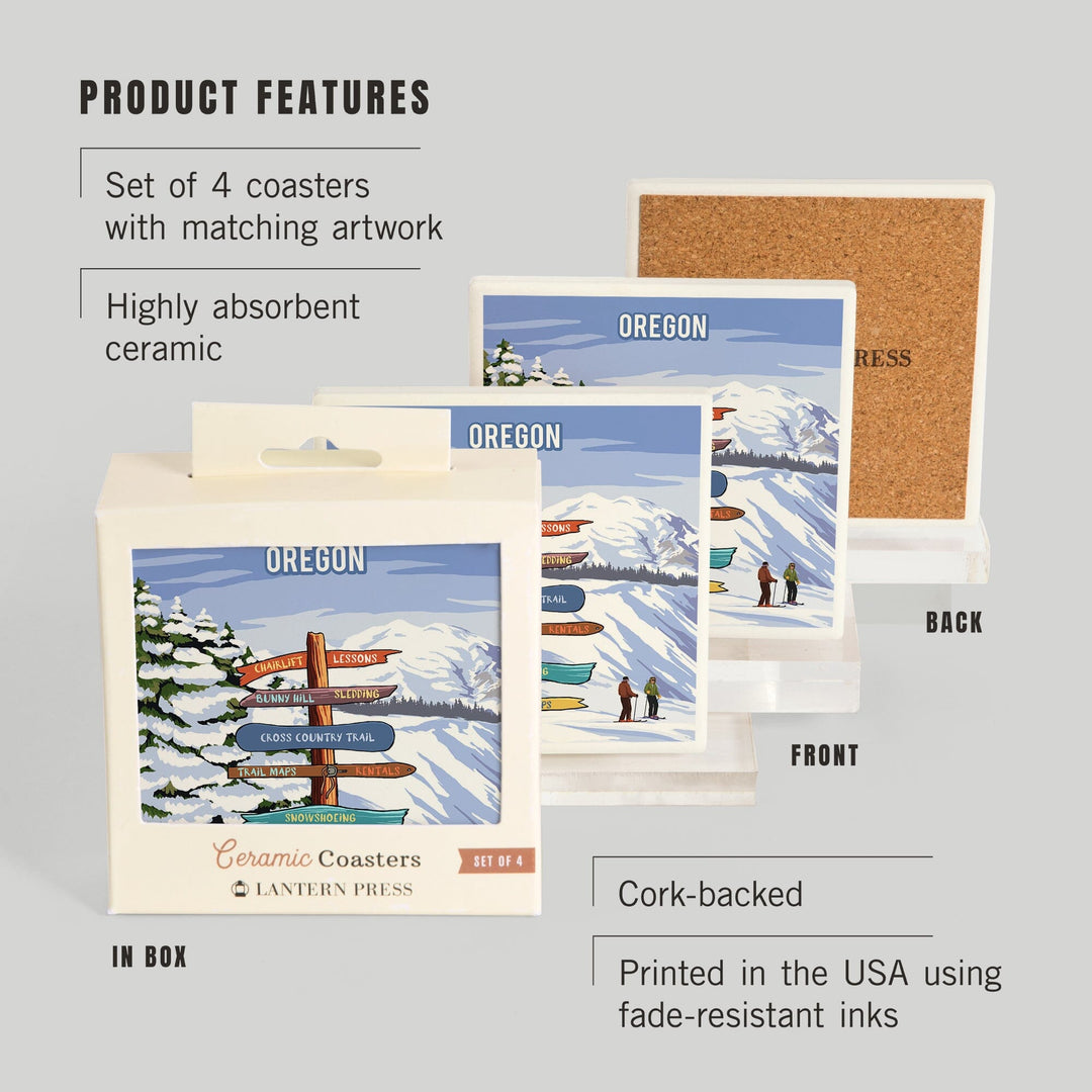 Oregon, Signpost, Ski and Snow, Coasters Coasters Lantern Press