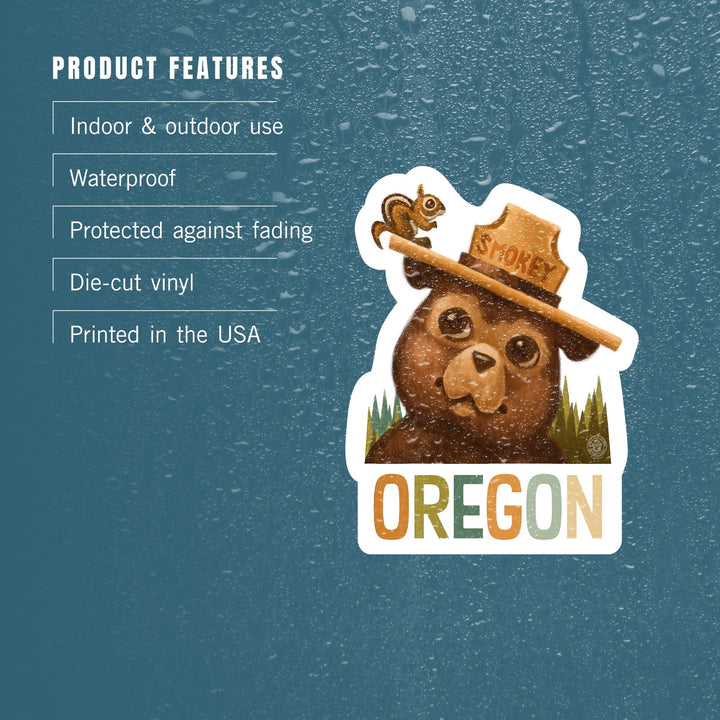 Oregon, Smokey Bear and Squirrel, Contour, Vinyl Sticker Sticker Lantern Press