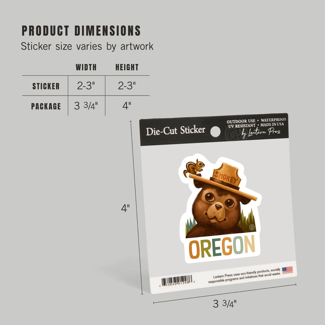 Oregon, Smokey Bear and Squirrel, Contour, Vinyl Sticker Sticker Lantern Press