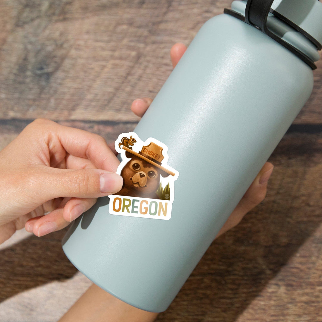 Oregon, Smokey Bear and Squirrel, Contour, Vinyl Sticker Sticker Lantern Press