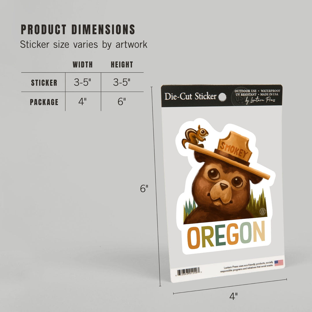 Oregon, Smokey Bear and Squirrel, Contour, Vinyl Sticker Sticker Lantern Press