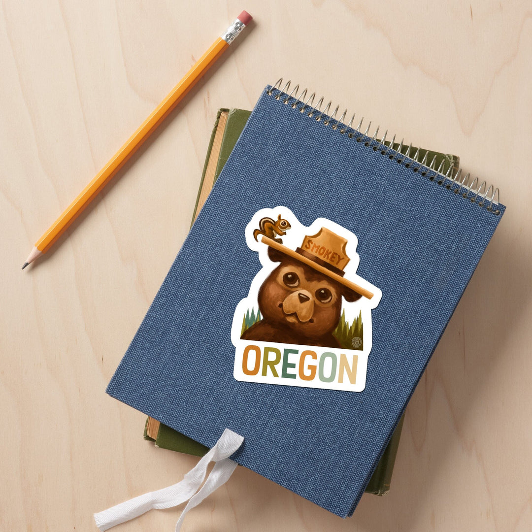 Oregon, Smokey Bear and Squirrel, Contour, Vinyl Sticker Sticker Lantern Press