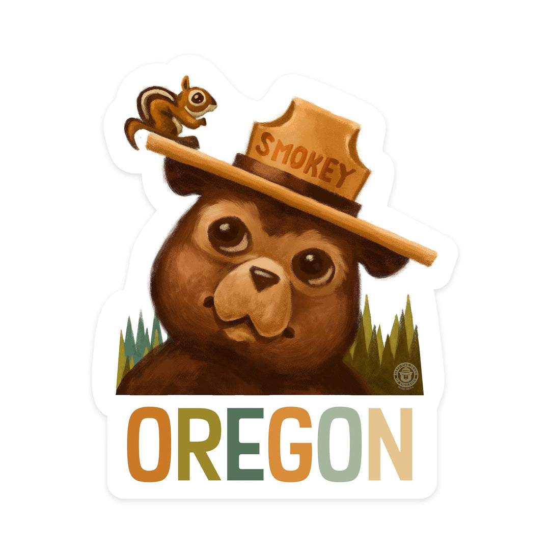 Oregon, Smokey Bear and Squirrel, Contour, Vinyl Sticker Sticker Lantern Press