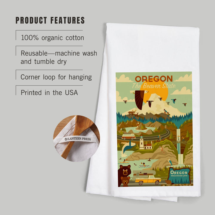 Oregon, The Beaver State, Geometric, Organic Cotton Kitchen Tea Towels Kitchen Lantern Press