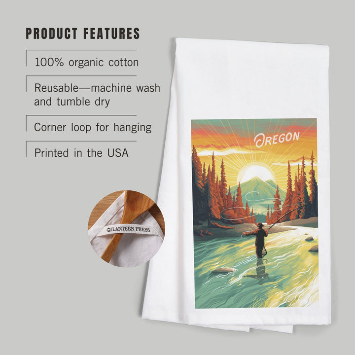 Oregon, This is Living, Fishing with Mountain, Organic Cotton Kitchen Tea Towels Kitchen Lantern Press