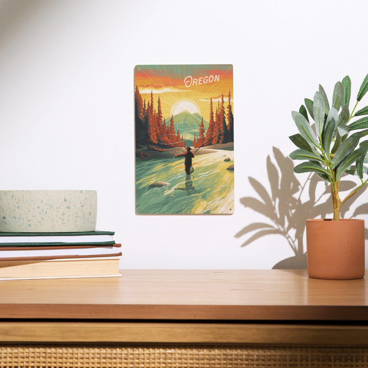 Oregon, This is Living, Fishing with Mountain, Wood Signs and Postcards Wood Lantern Press