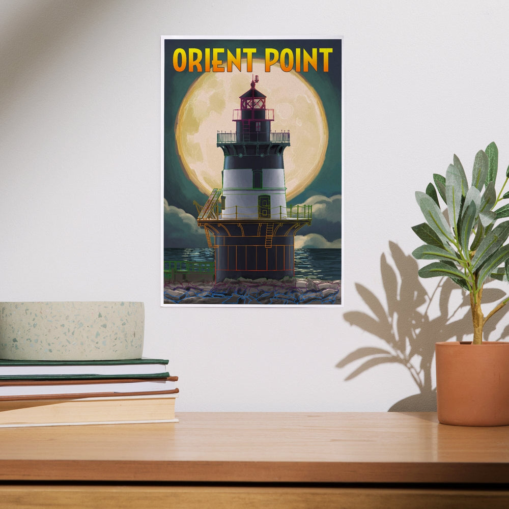 Orient Point, New York, Lighthouse and Full Moon, Art & Giclee Prints Art Lantern Press