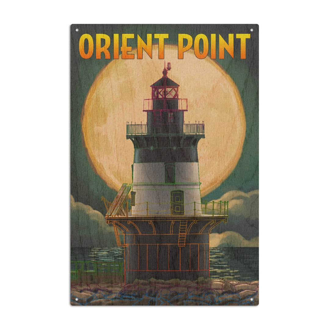 Orient Point, New York, Lighthouse & Full Moon, Lantern Press Artwork, Wood Signs and Postcards Wood Lantern Press 10 x 15 Wood Sign