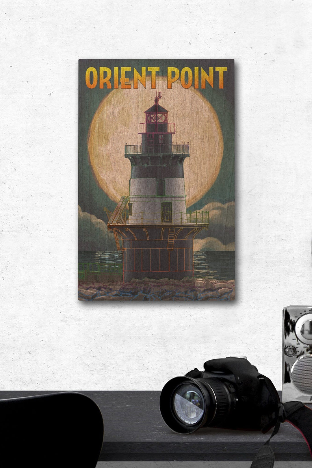 Orient Point, New York, Lighthouse & Full Moon, Lantern Press Artwork, Wood Signs and Postcards Wood Lantern Press 12 x 18 Wood Gallery Print