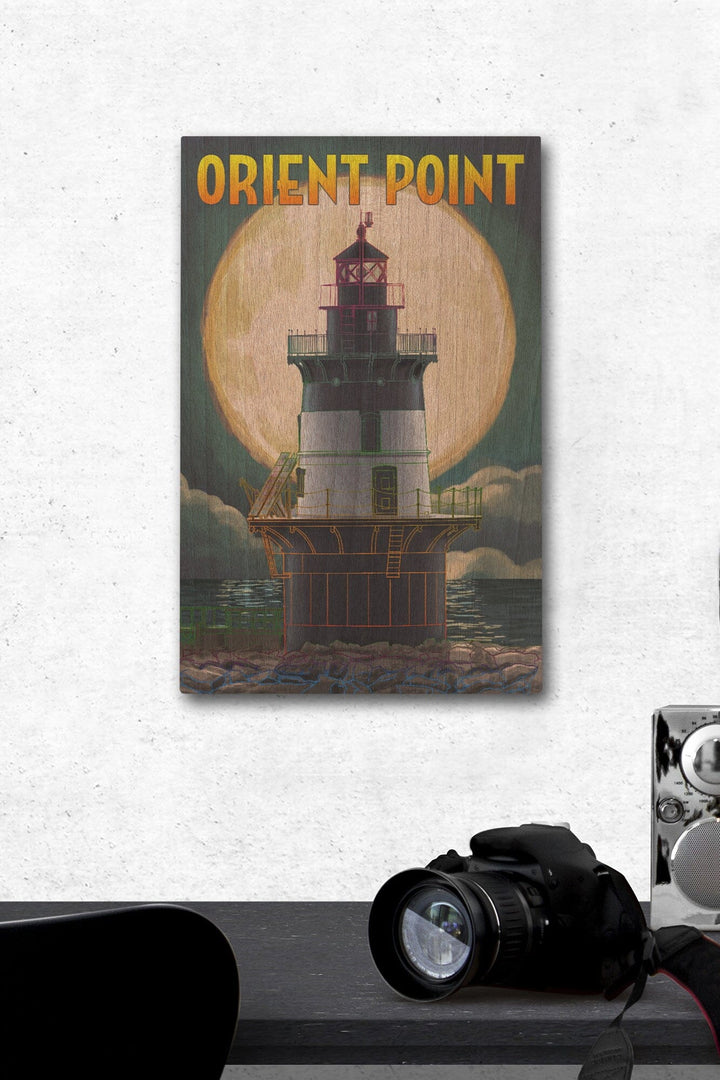 Orient Point, New York, Lighthouse & Full Moon, Lantern Press Artwork, Wood Signs and Postcards Wood Lantern Press 12 x 18 Wood Gallery Print