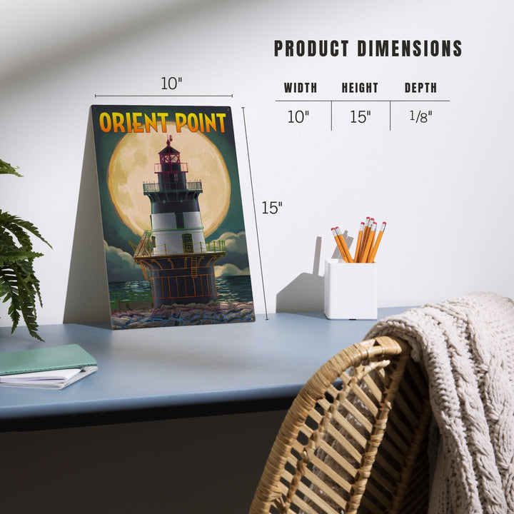 Orient Point, New York, Lighthouse & Full Moon, Lantern Press Artwork, Wood Signs and Postcards Wood Lantern Press