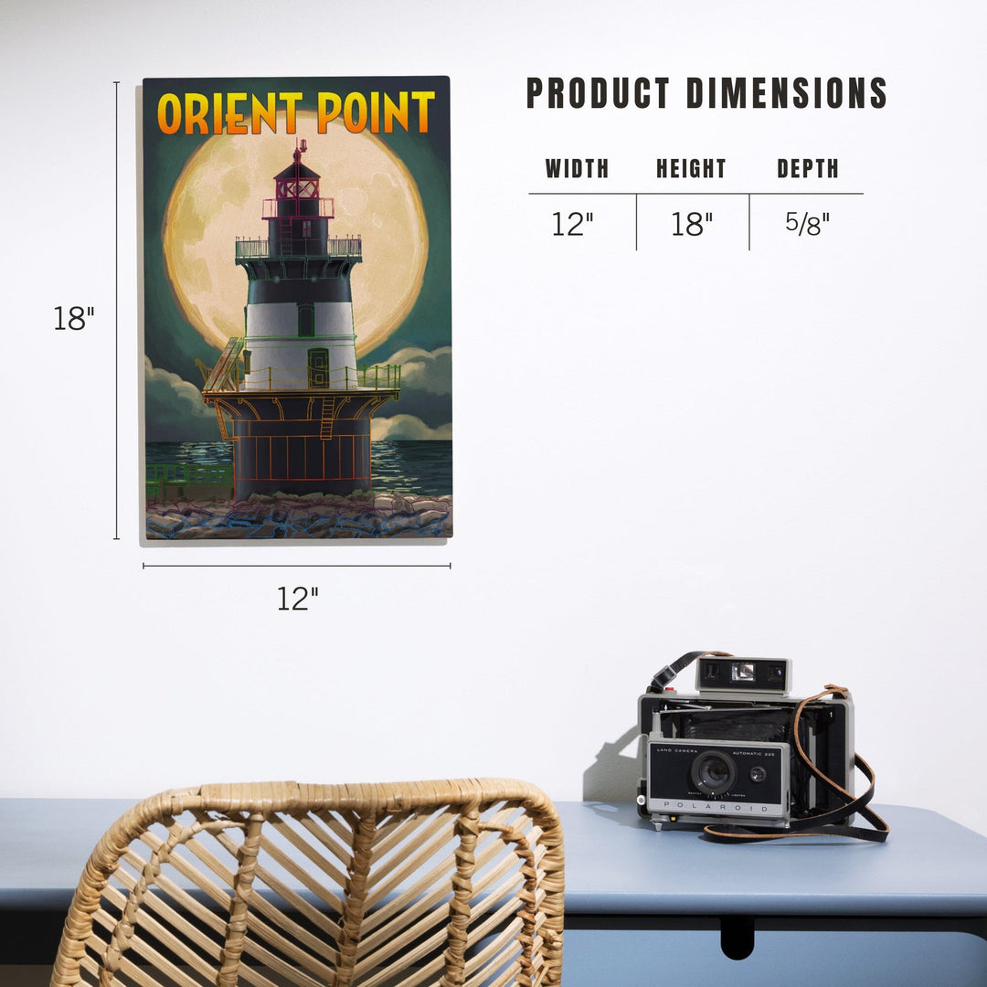 Orient Point, New York, Lighthouse & Full Moon, Lantern Press Artwork, Wood Signs and Postcards Wood Lantern Press