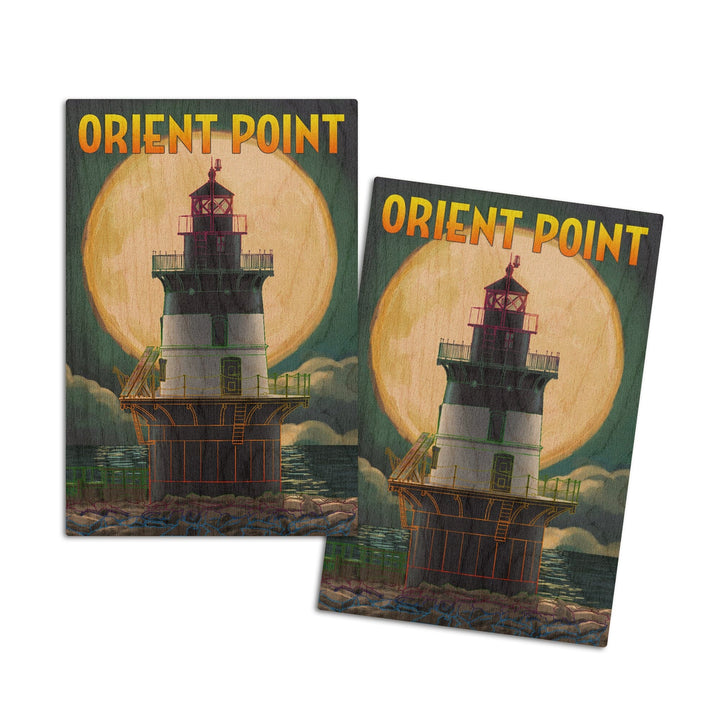 Orient Point, New York, Lighthouse & Full Moon, Lantern Press Artwork, Wood Signs and Postcards Wood Lantern Press 4x6 Wood Postcard Set