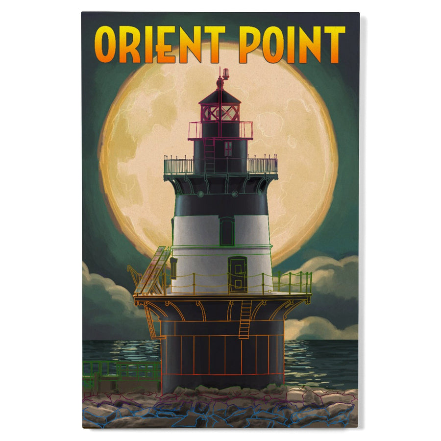 Orient Point, New York, Lighthouse & Full Moon, Lantern Press Artwork, Wood Signs and Postcards Wood Lantern Press