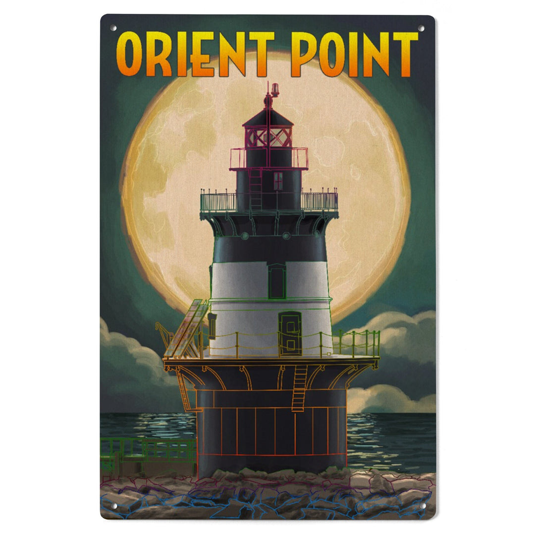 Orient Point, New York, Lighthouse & Full Moon, Lantern Press Artwork, Wood Signs and Postcards Wood Lantern Press